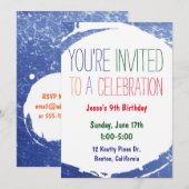 Verfspat Uitnodiging | Kinderen Blauwe Zwembad Fee (Voorkant / Achterkant)