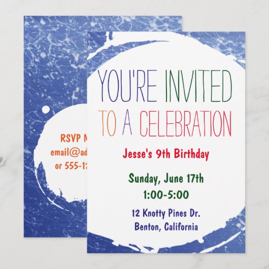 Verfspat Uitnodiging | Kinderen Blauwe Zwembad Fee (Voorkant / Achterkant)