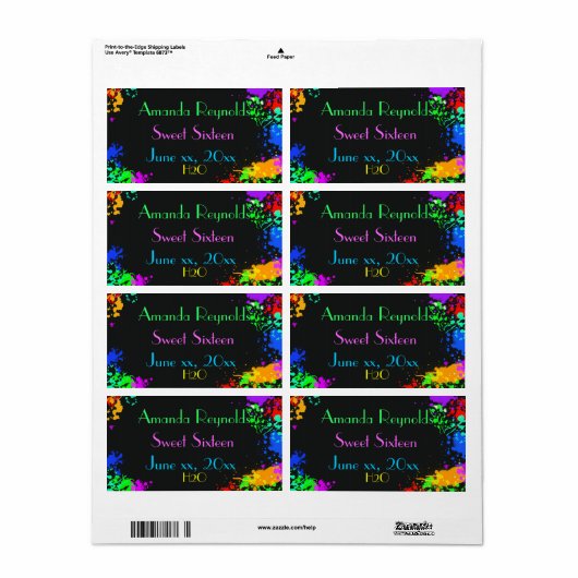 Verfspatten, Sweet Sixteen, Op maat gemaakte water Etiket (Full Sheet)