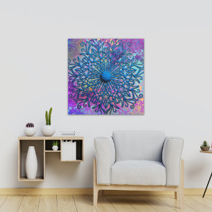 Verfspetters op blauwe geëmbosseerde Mandala-bloem Canvas Afdruk