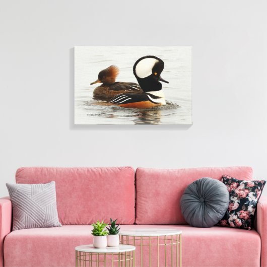 Vergadering van Gedekte Merganser Ducks bij de Pon Canvas Afdruk (Insitu (Woonkamer))