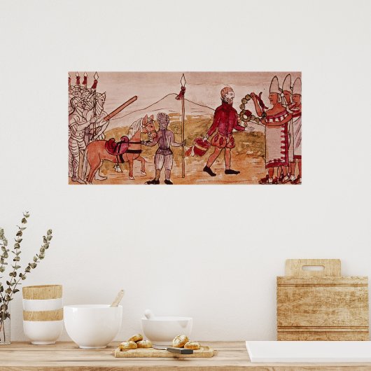 Vergadering van Hernando Cortes en Montezuma Poster (Keuken)
