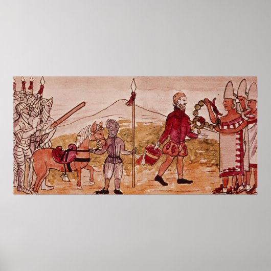 Vergadering van Hernando Cortes en Montezuma Poster (Voorkant)