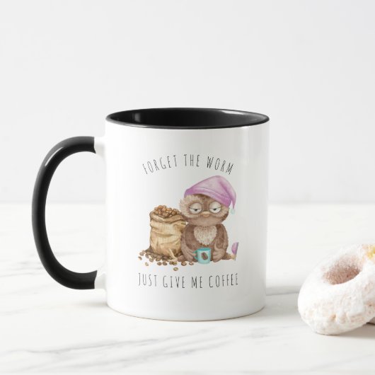 Vergeet de worm | Grappige waterverf uil Mok (Met donut)