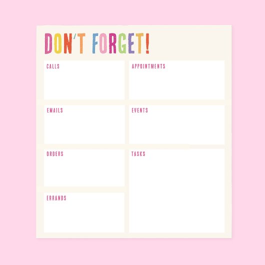 Vergeet het niet! Kleurrijke tekstherinnering Notitieblok