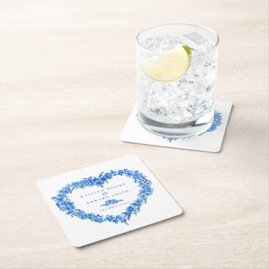 Vergeet-me-niet-blauwe bloem hart krans bruiloft kartonnen onderzetters (Insitu)