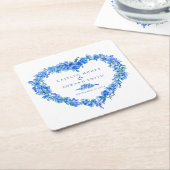 Vergeet-me-niet-blauwe bloem hart krans bruiloft kartonnen onderzetters (Schuin)
