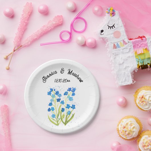 Vergeet me niet Blauwe bloemenbruiloft Waterverf B Papieren Bordje (Feest)