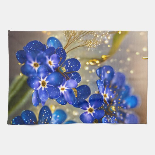 Vergeet me-niet bloem met gouden accenten theedoek (Horizontaal)