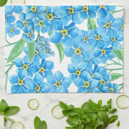 Vergeet me niet bloemen, waterverf patroon theedoek (Gevouwen)