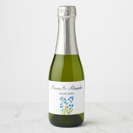 Vergeet me niet Blue Floral Spring Wedding Sparkling Wijnetiket (Voorkant)