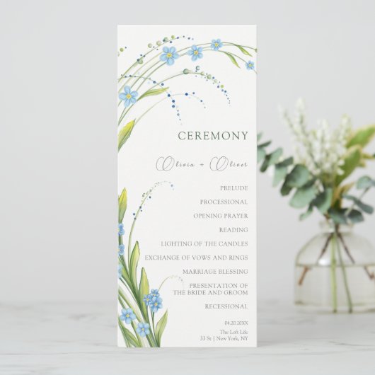 Vergeet-me-niet bruiloft programmakaart (Staand voorkant)