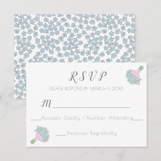 Vergeet-me-niet doedel stijl bruiloft boeket RSVP kaartje (Voorkant / Achterkant)