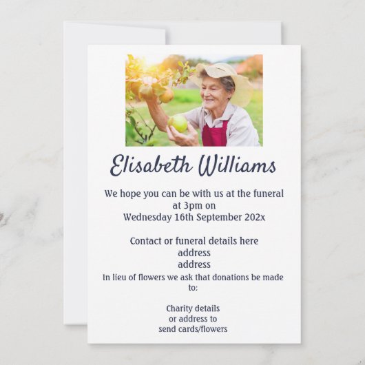 Vergeet me niet, geen begrafenisarrangementen Kaar Aankondiging (Achterkant)