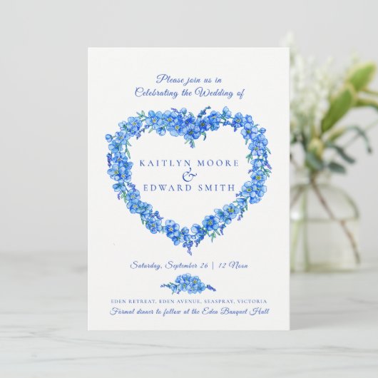 Vergeet-me-niet hart kunst bruiloft blauwe foto kaart (Staand voorkant)