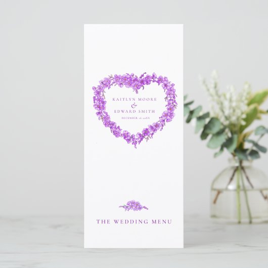 Vergeet-me-niet-hart paarse witte bruiloft menu's (Staand voorkant)