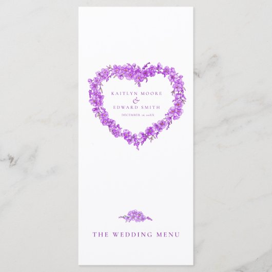 Vergeet-me-niet-hart paarse witte bruiloft menu's (Voorkant)