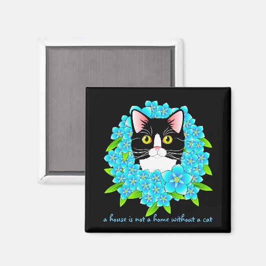 Vergeet me niet Tuxedo Kat Leuk en Kleurrijk Bloem Magneet (Voorkant / Achterkant)