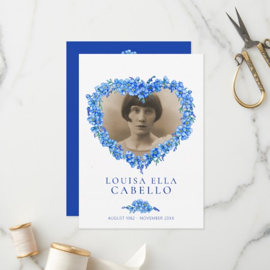 Vergeet-me-nots begrafenisdienst programma blauw w programmakaart (Voorkant / Achterkant in situ)