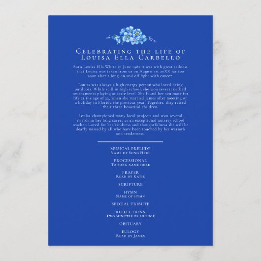 Vergeet-me-nots begrafenisdienst programma blauw w programmakaart (Achterkant)