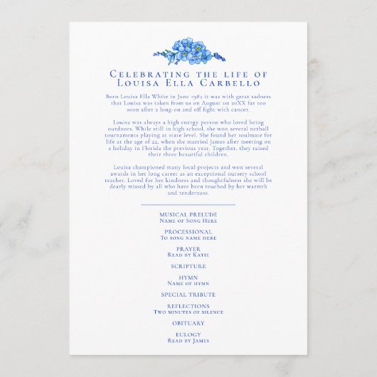 Vergeet-me-nots begrafenisdienst programma blauw w programmakaart (Achterkant)
