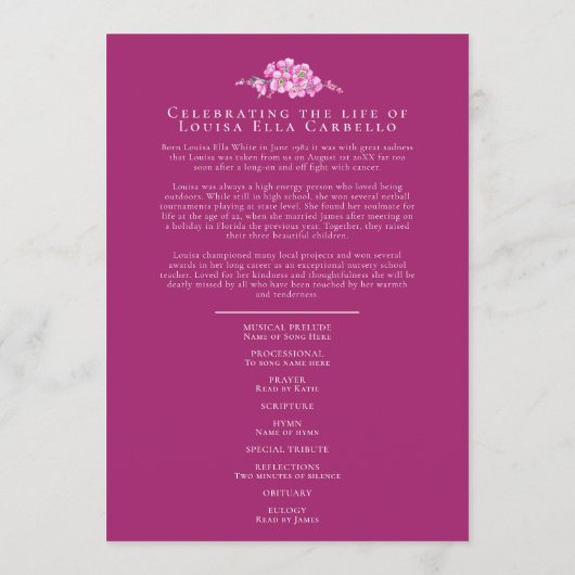 Vergeet-me-nots begrafenisdienst programma roze bl programmakaart (Achterkant)