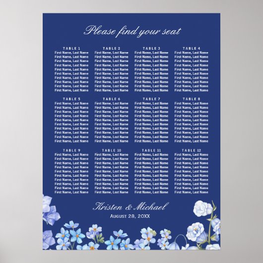 Vergeet me Nots Blue Floral Wedding Seating Chart Poster (Voorkant)