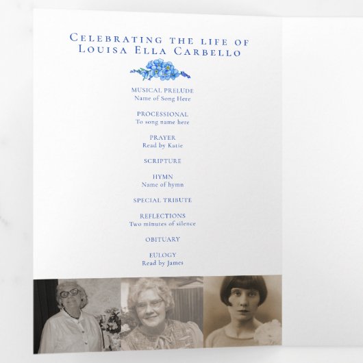 Vergeet-me-nots hart blauw begrafenis herdenkingsd drieluik programma (Binnenzijde eerst)