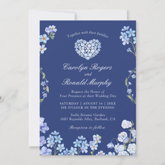 Vergeet me Nots Heart Royal Blue Floral Wedding Kaart (Voorkant)