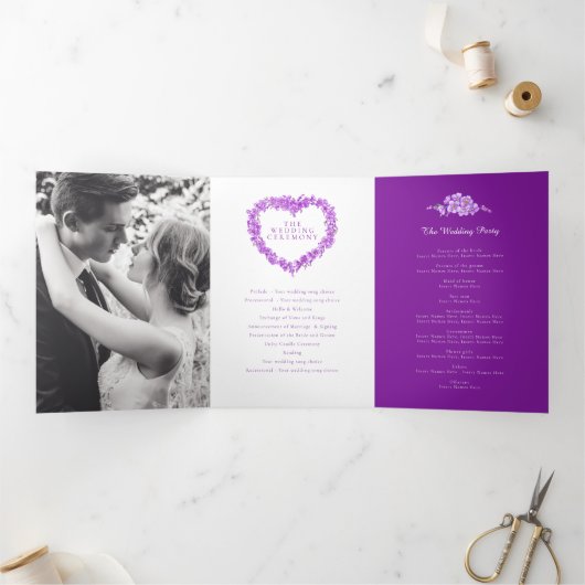 Vergeet-me-nots paarse hart krans kunst bruiloft drieluik programma (Binnen)