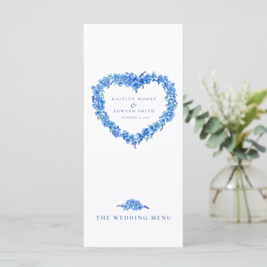 Vergeet-mij-niet hart blauw witte trouwmenu's menu (Staand voorkant)