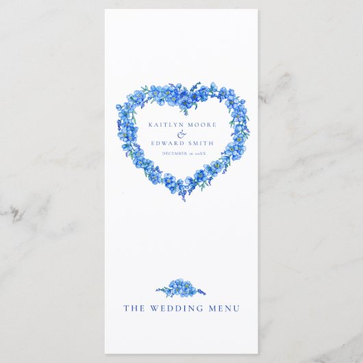Vergeet-mij-niet hart blauw witte trouwmenu's menu (Voorkant)