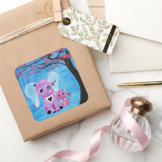 Vergeet-mij-niet Roze Olifant Kat Kersenbloesem Ku Vierkante Sticker