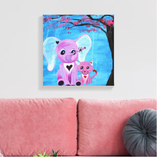 Vergeet-mij-niet Schattige Olifant Kat Kersenbloes Canvas Afdruk