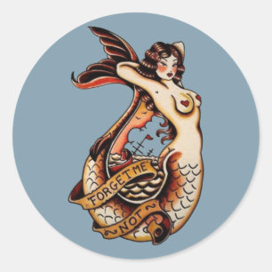 Vergeet-mij-nietje - Vintage zeemeermin tattoo kun Ronde Sticker