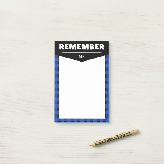 Vergeet niet - Blue Buffalo Check Monogrammed Post-it® Notes (Op bureau)