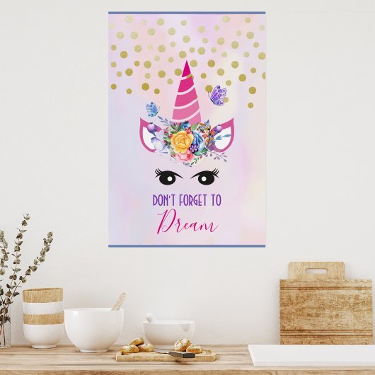 Vergeet niet te dromen roze Unicorn en Confetti Poster (Keuken)