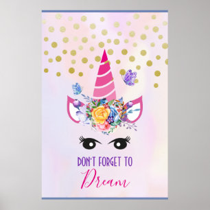 Vergeet niet te dromen roze Unicorn en Confetti Poster