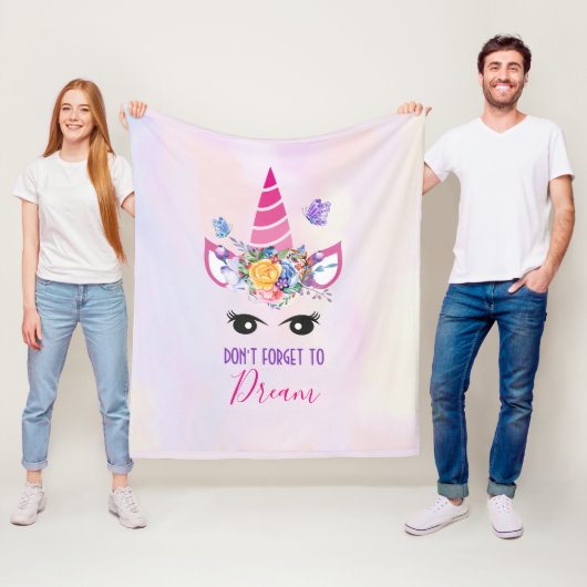 Vergeet niet te dromen roze Unicorn Fleece Deken (In situ)