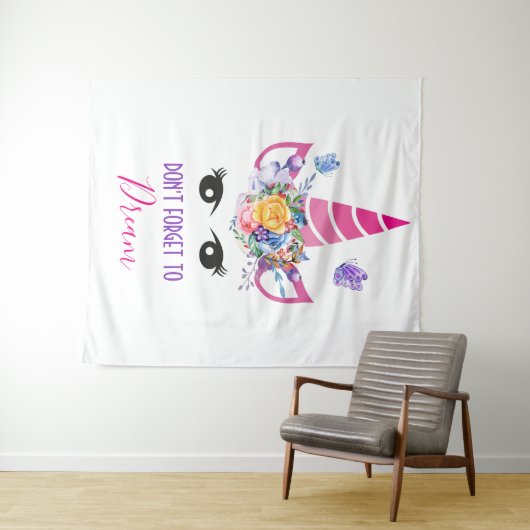 Vergeet niet te dromen roze Unicorn Wandkleed (In Situ (horizontaal))