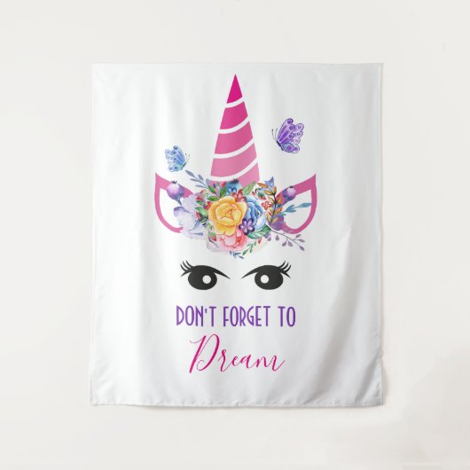 Vergeet niet te dromen roze Unicorn Wandkleed (Voorkant)