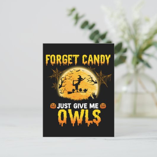 Vergeet Snoep Geef Me Maar Uil Heks Halloween Cade Briefkaart (Staand voorkant)