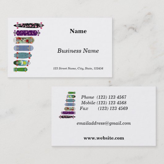 Vergelijking skateboardgrootte visitekaartje (Voorkant / Achterkant)