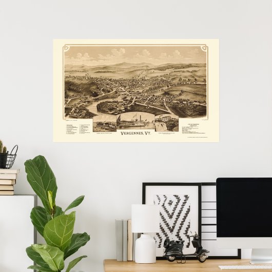 Vergennes, VT Panoramische Kaart - 1890 Poster (Thuiskantoor)