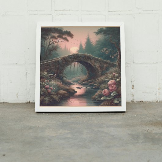 Vergeten klimopbrug in nevelig schemerbos canvas afdruk