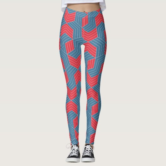 Vergrendelde zeshoeken Rood Blauw Minimaal Patroon Leggings (Voorkant)