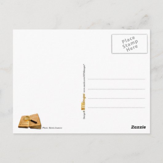 Vergrootglas en oud boek briefkaart (Achterkant)