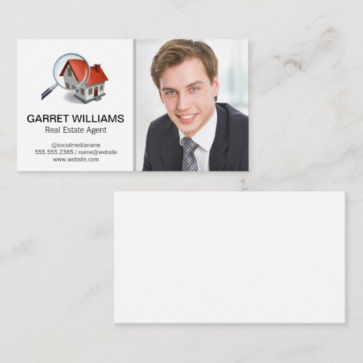 Vergrootglas Home Logo | Lachend zakelijk Man Visitekaartje (Voorkant / Achterkant)