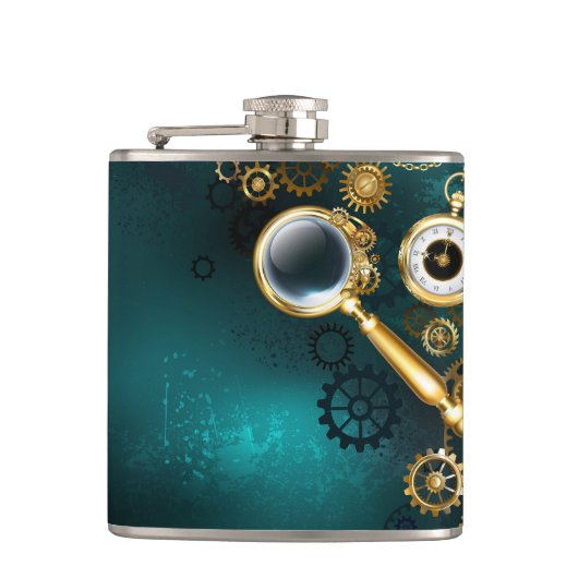 Vergrootglas in Steampunk stijl Heupfles (Voorkant)