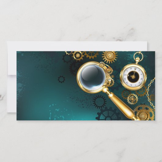 Vergrootglas in Steampunk stijl Save The Date (Voorkant)